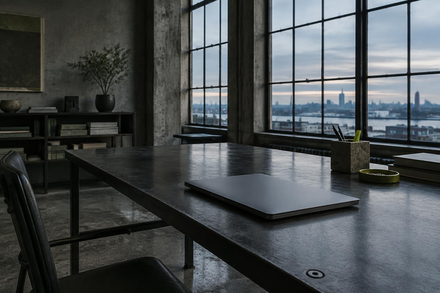 A closed laptop in a quiet office as morning approaches